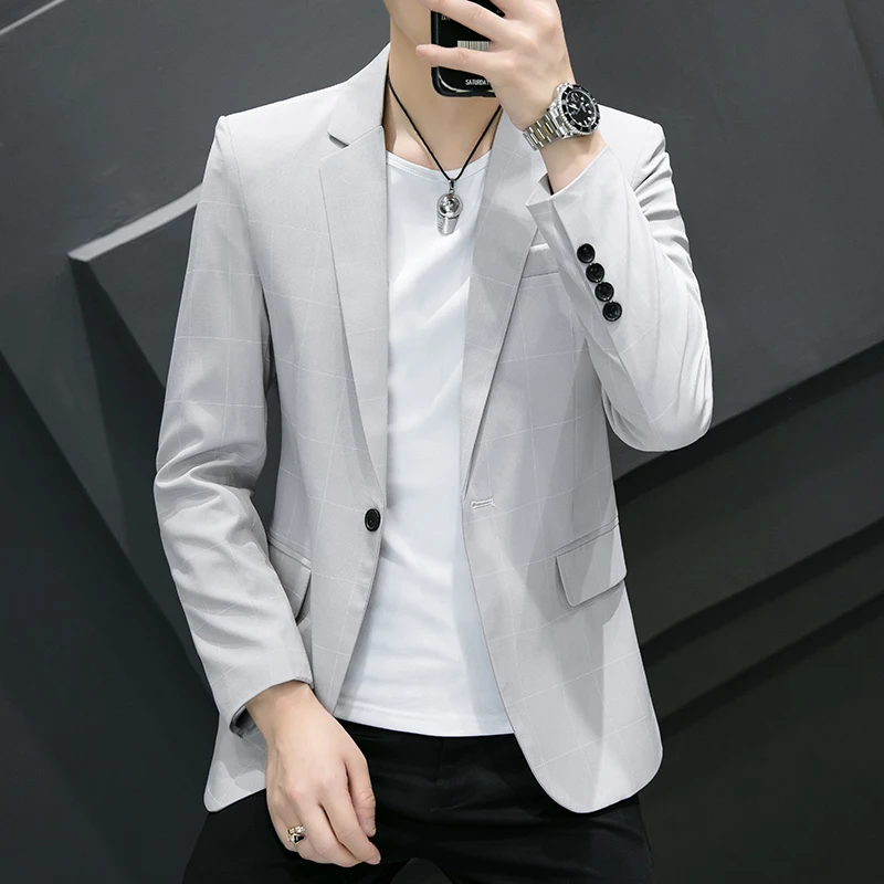 

Весна 2023, деловой повседневный мужской костюм, клетчатые куртки для мужчин, модное пальто, Блейзер, официальная одежда, универсальная однобортная модель