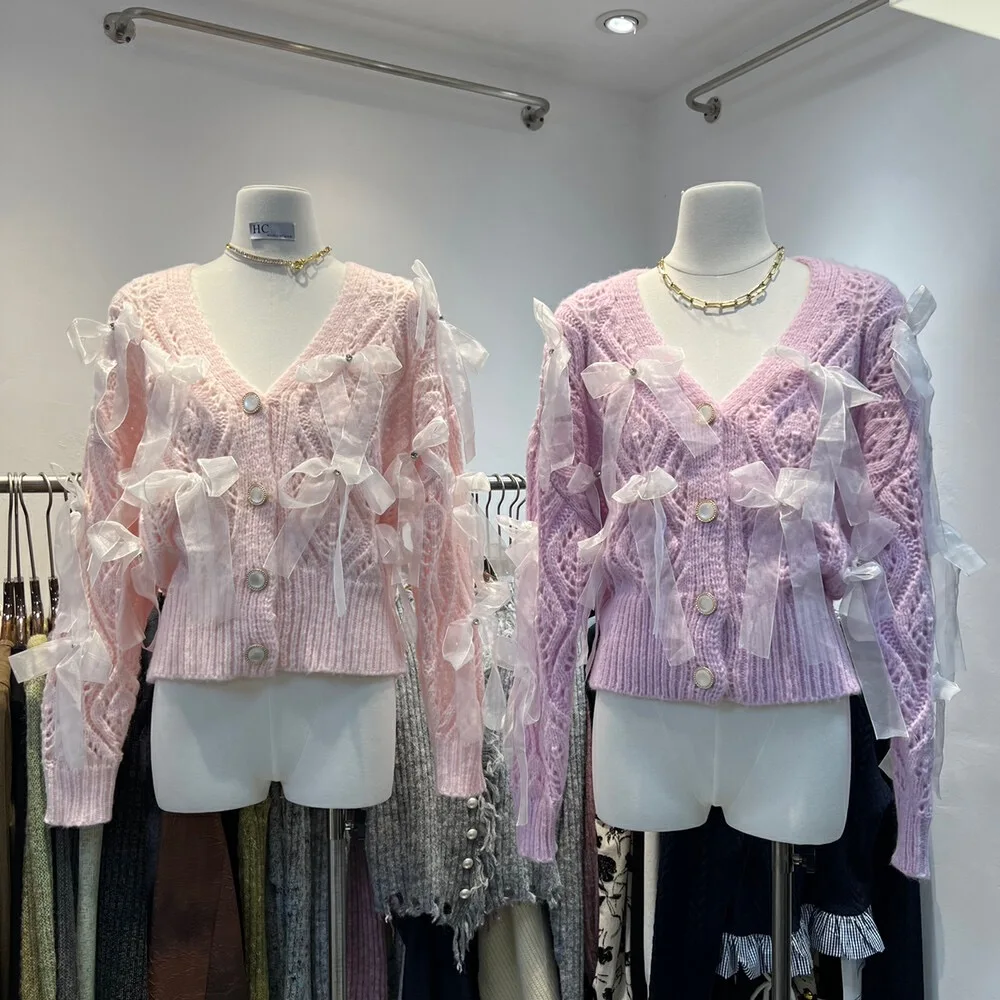 

Корейский Роскошный однобортный вязаный свитер с V-образным вырезом на осень и зиму, пальто, шикарные женские короткие кардиганы с бантом и стразами и лентами