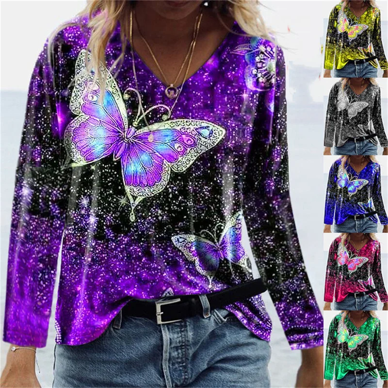 

Женская футболка с длинным рукавом, V-образным вырезом и 3D-принтом бабочки