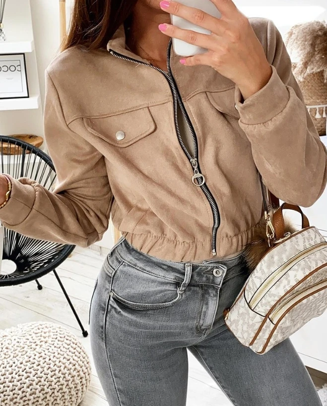 

Женская куртка 2023, новая индивидуальная куртка-бомбер с воротником-стойкой, на молнии, с карманами, укороченная куртка с длинным рукавом