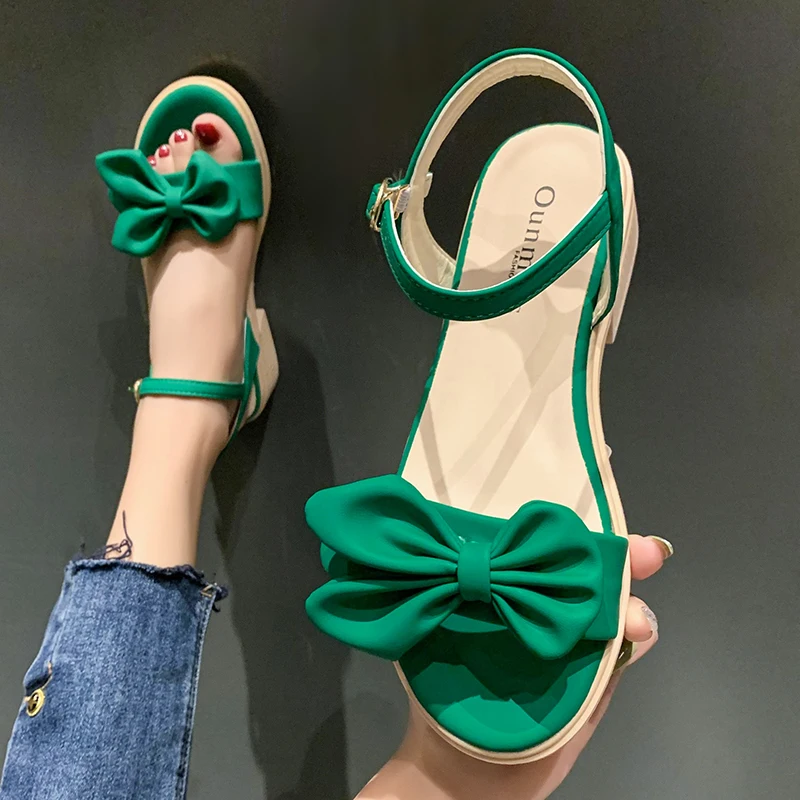 

Female Sandal Comfort Shoes for Women 2022 Summer High Heels Buckle Strap Med All-Match Girls Beige Bow Fashion High-heeled Bloc