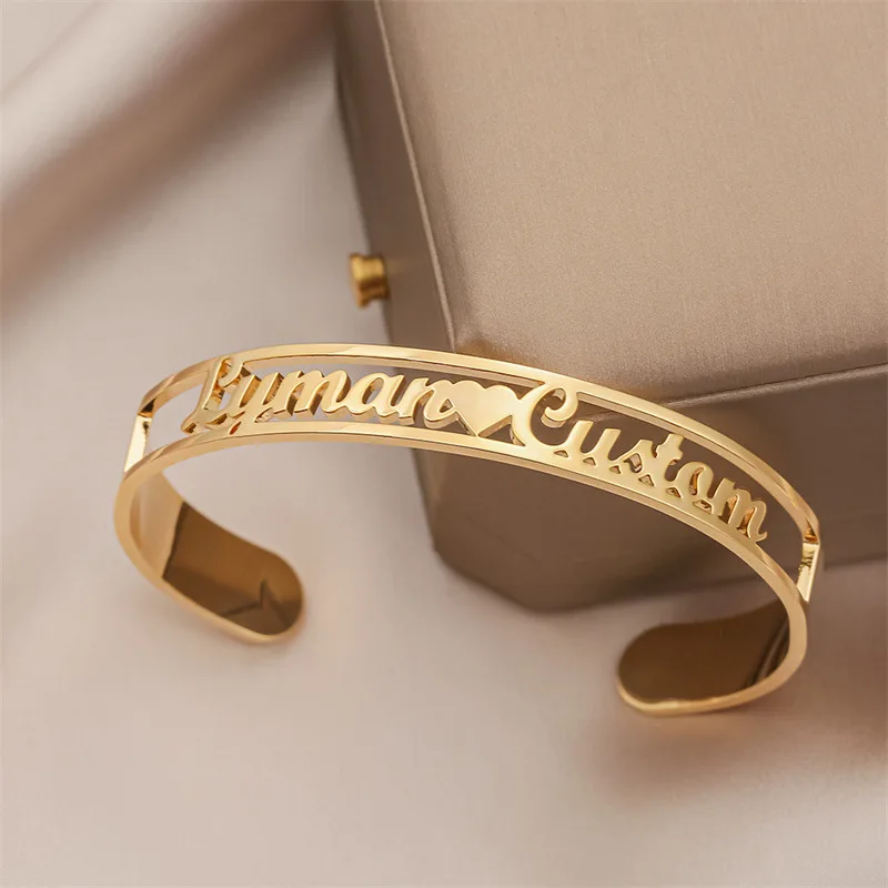 Hiyong Custom Name Bangle, 8 mm Hollow Name Bracelet Men Bracelet Custom Name Personalized Bracelets Jewelry Best Friend Gifts