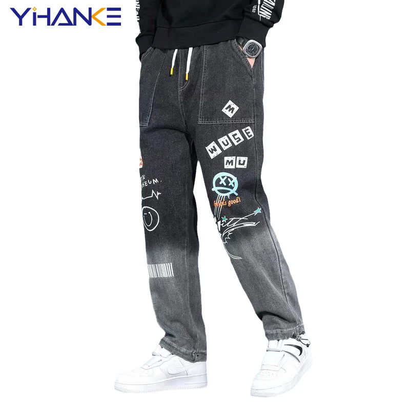 YIHANKE Men's Jeans Pants Denim Pants Blue High Waisted Jeans Baggy Printed Denim Trousers Male Jeans Hip Hop Streetwear S-5XL