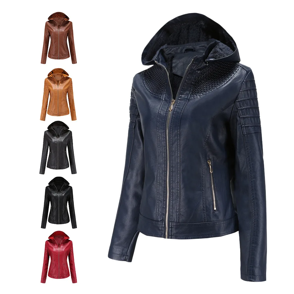 Nice Pop European and American autumn and winter clothes detachable hooded leather clothes women's Plush warm jacket