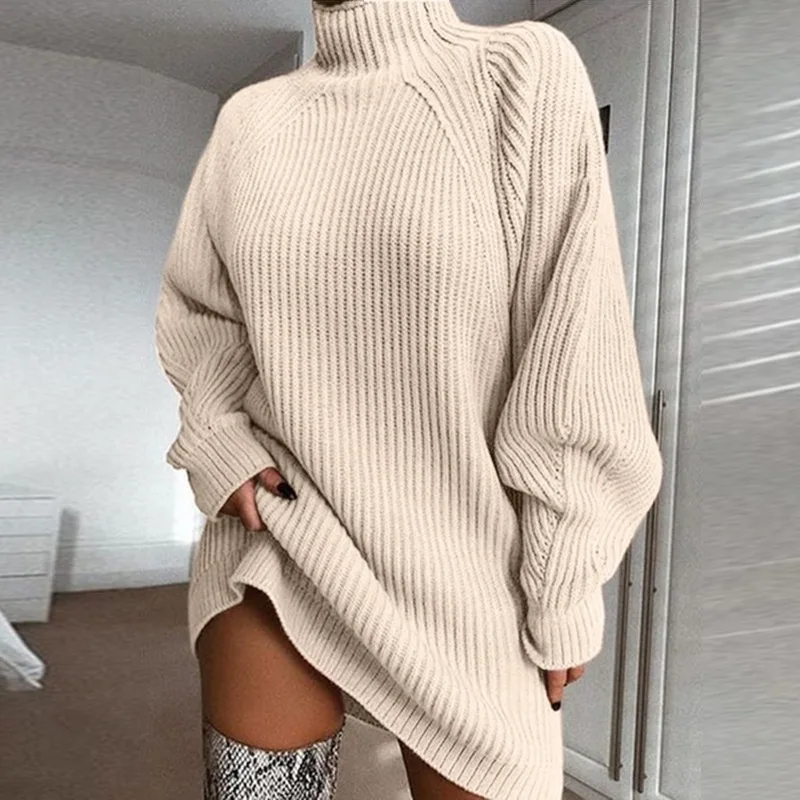 

Pure Color Autumn Winter New Dresses For Womens Mid Length Raglan Sleeve Mock Neck Sweater Short Dress Loose Fresh Sweet Style