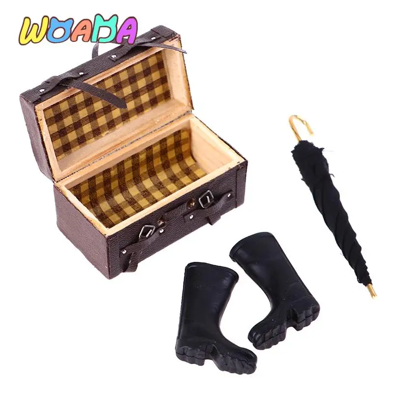 

New 1:12 Dollhouse Miniature Travel Kit Rain Boots Umbrella Leather Suitcase Luggage Dollhouse Accessories