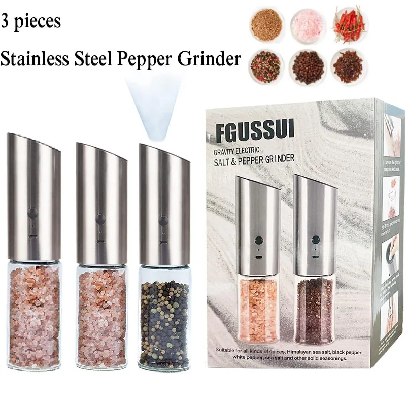 

3PC Electric Salt and Pepper Grinders Stainless Steel Automatic Gravity Herb Spice Mill Adjustable Coarseness Kitchen Gadget Set