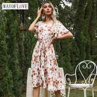 wayoflove summer woman vintage pleated mid dress office lady print butterfly sleeve casual sashes vestidos elegant party dresses