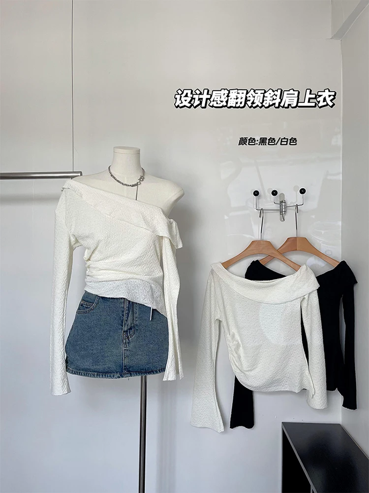 

Women White Shirts and Blouses 90s Y2k Streetwear Vintage Korean Harajuku 2000s Elegant Long Sleeve Slash Neck Shirt Top Clothes