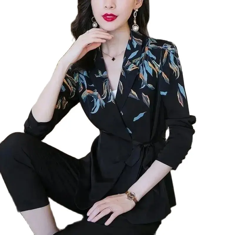 

Black Blazer Jacket Women 2022 Autumn New Fashion Long Sleeve Printing Casual Suit Business Coat Female Lacing Slim Tops