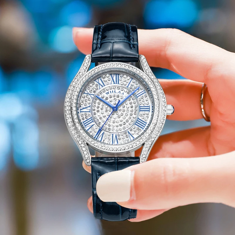 WIILAA Fashion Women Watch Full Diamonds Exquisite Waterproof Leather Belt Wristwatch Ladies Quartz Watch Clock Gift Reloj Mujer
