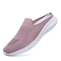 womens fashion cotton fabric casual mules ladies breathable half loafer mesh cloth slippers slip on half leisure sport sandles