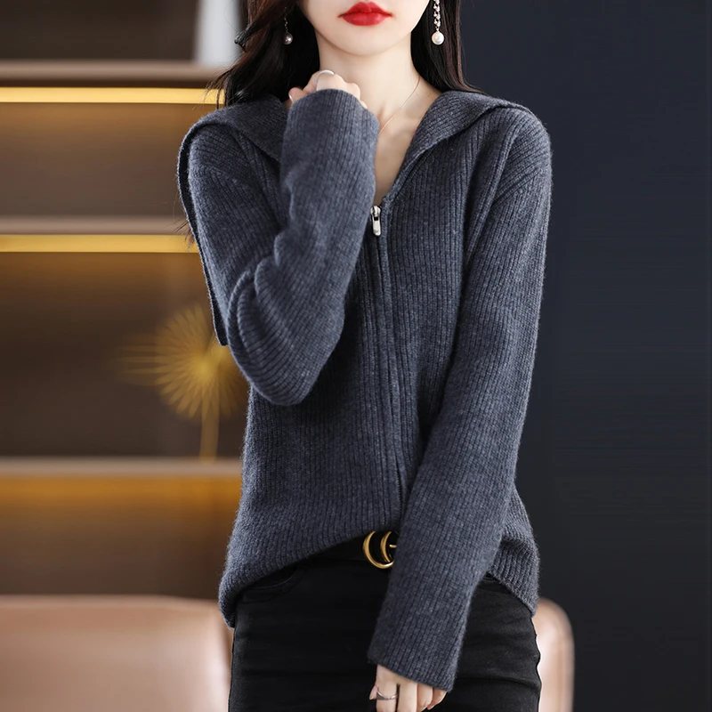 Design Sense Niche Loose Navy Collar Zipper Short Sweater Jacket Female Thickened Solid Color Autumn Winter New Jersey Cardigan