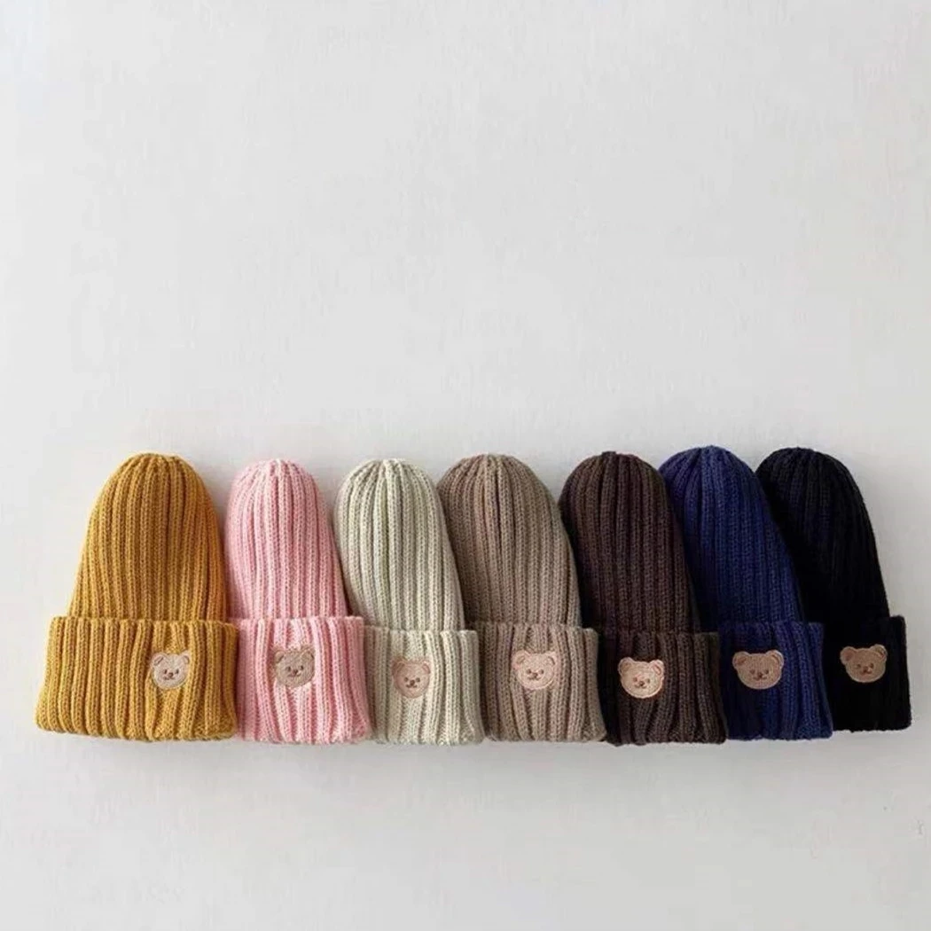 Knitted Hat Embroidery Children's Hat Boys And Girls Candy-colored Bear Head Spring ANd Winter Cold Protection And Warmth