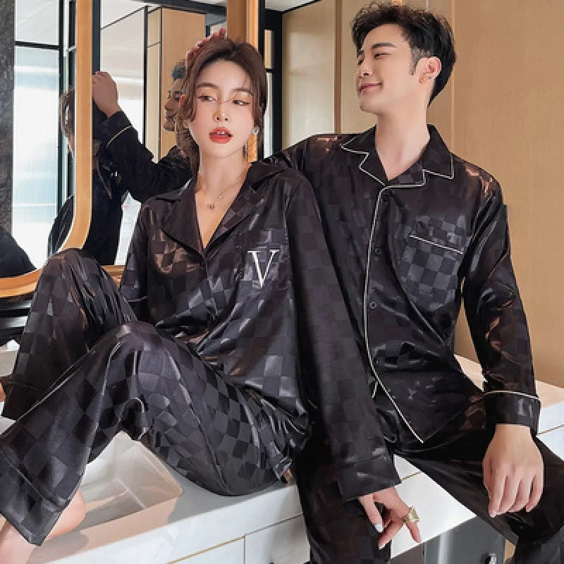 Men Checkered Silk Satin Pajamas Set Home Sleepwear Long Trouser Suit Female Sleep Two Piece Set Couple Loungewear Plus Size
