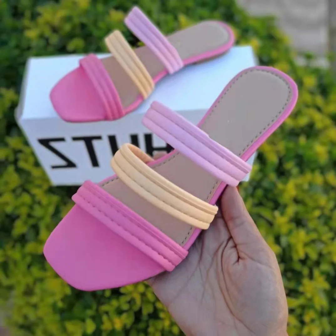 

New Fashion Women Summer Open Toe Flats Three Bar Color Block Ladies Indoor Slippers Non-Slip Casual Home Slides Beach Shoes