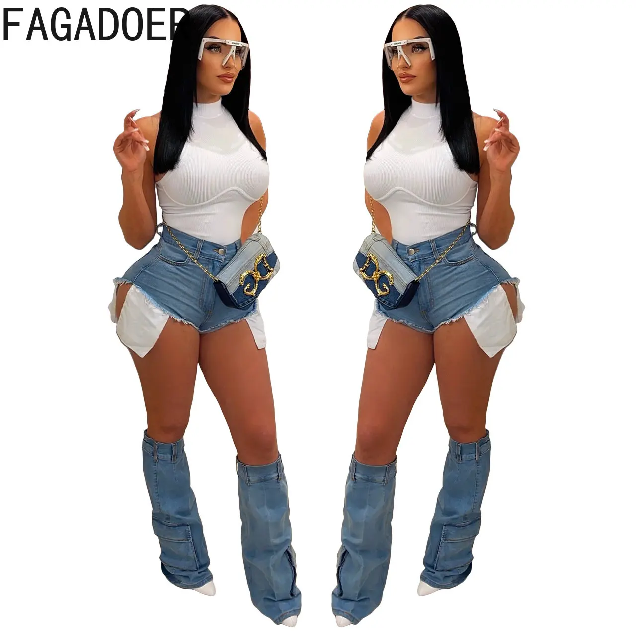 FAGADOER Fashion Y2K Denim Shorts Legging Socks Two Piece Sets Women High Waisted Button Shorts Casual Female Patchwork Bottoms