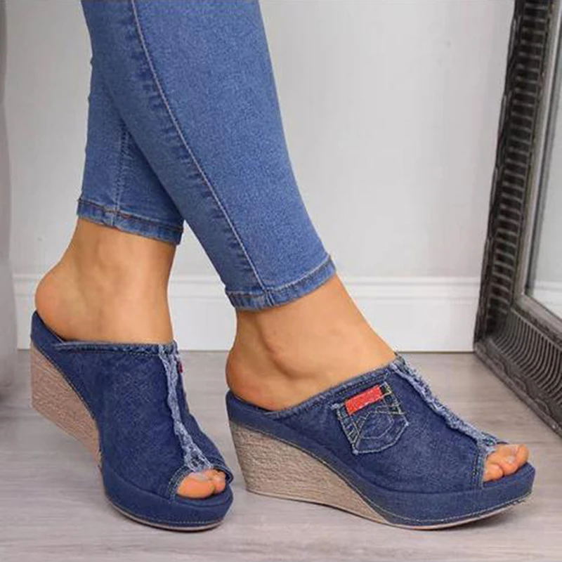 

Zapatos de verano con tacón para mujer, calzado vaquero azul, cómodo, Punta abierta, cuñas de plataforma, zapatillas abiertas
