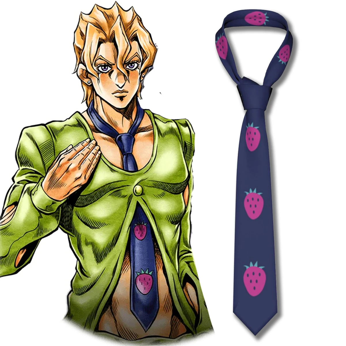 

JoJos Bizarre Adventure Anime Fugo Pannacotta Kira Necktie Strawberry Cosplay Accessory Costumes Props Silk 8cm Fashion Tie