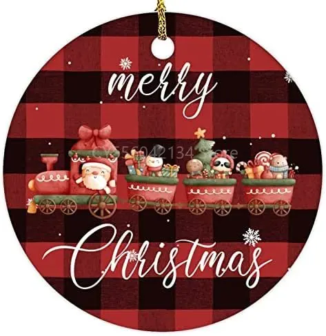 

2022 Christmas Ornament Santa Claus on Train Ornament 3 Inch Xmas Tree Decorations Red and Black Buffalo Plaid Keepsake Ceramic