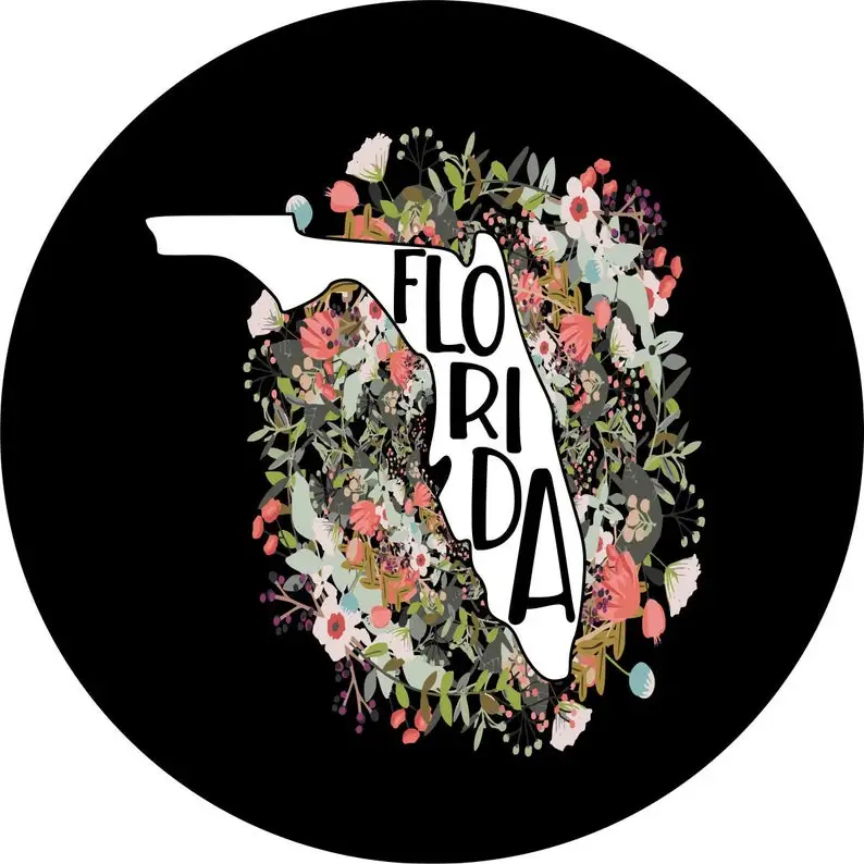 

State of Florida Outline Flowers/Floral Spare Tire Cover for any Vehicle, Make, Model and Size - , RV, Travel Trailer,