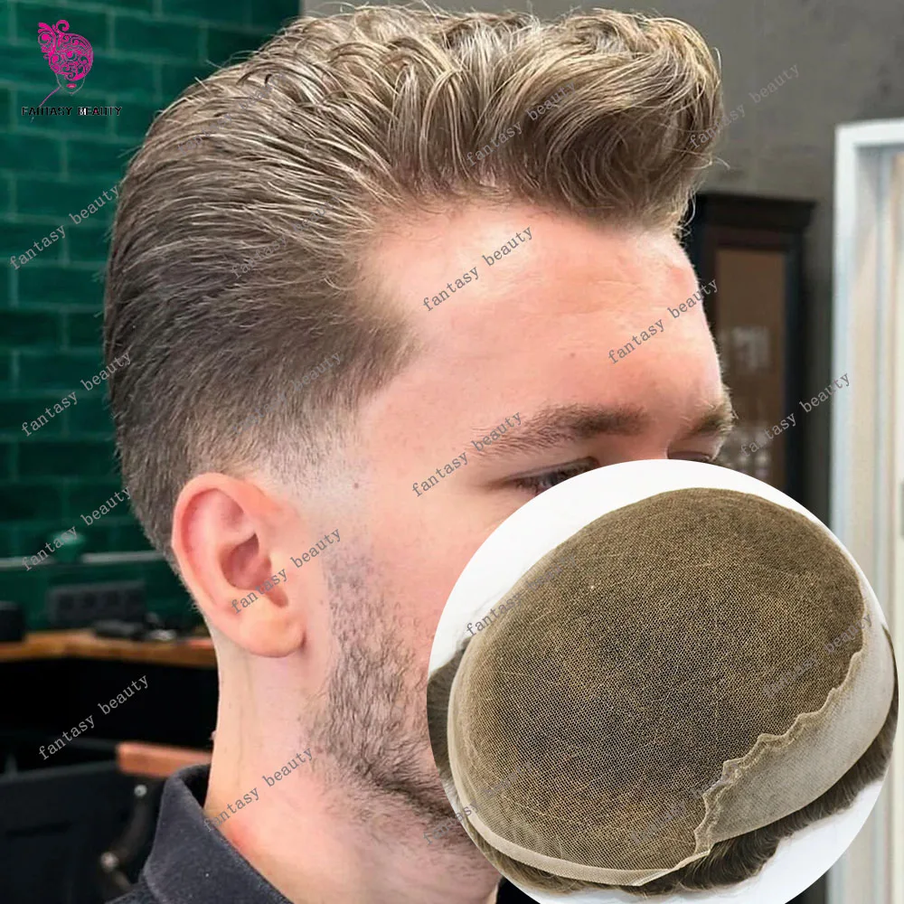 Парик мужской из натуральных волос удобный дышащий блонд-серый ПУ кожи с сеткой Q6
