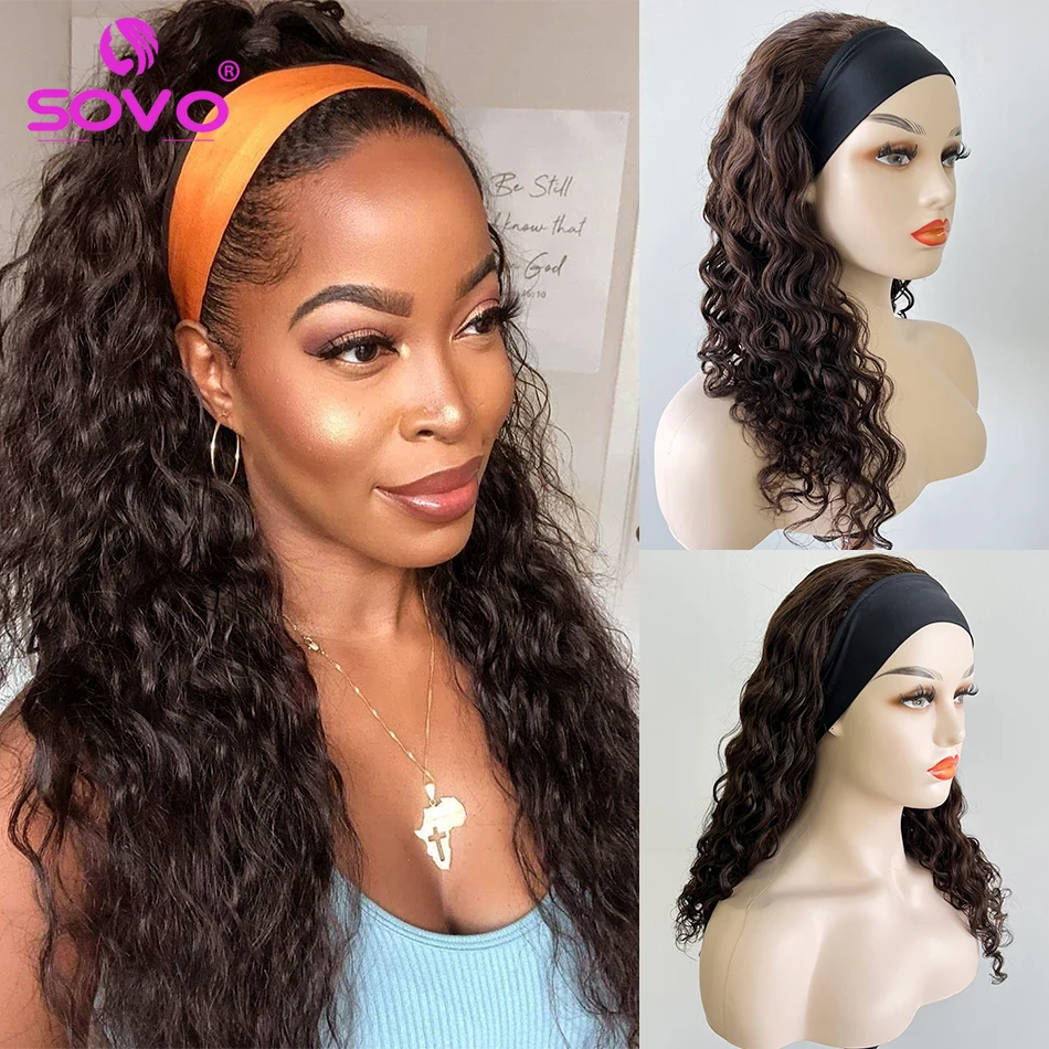 

Brown Water Wave Headband Wig Human Hair Wigs For Women Blonde Natural Black Head band Wig Curly Brazilian Remy Hair Scarf Wigs
