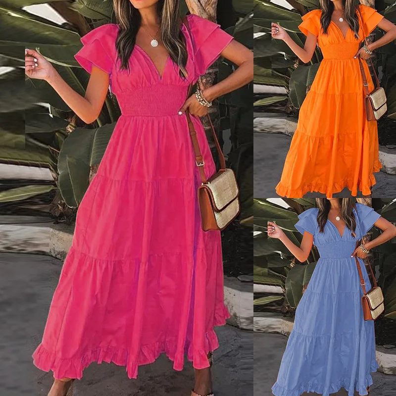 

2023 Women's Summer Fashion Simple Elegant V-Neck Waist Long Dress