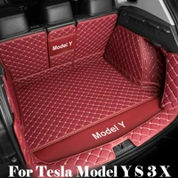 car trunk mats leather full coverage protective fully surrounded waterproof black red for tesla model y s x 3 2016 to 2022 2021