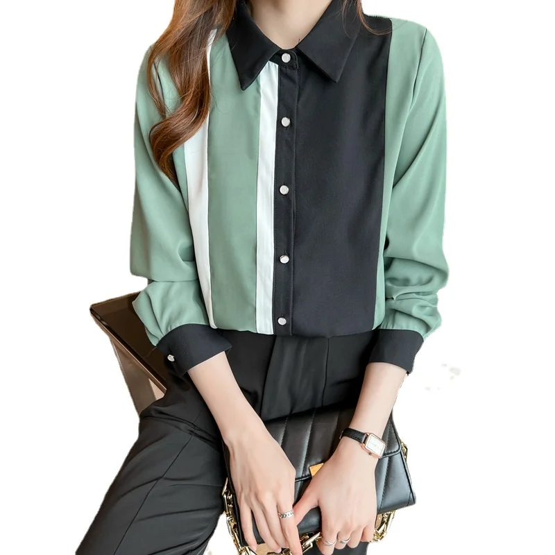 

Летняя блузка, Топ с длинным рукавом, женская одежда, корейская модная рубашка-поло из поплина в стиле пэчворк, свободная рубашка на пуговиц...