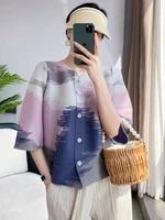 women pleated shirt printing loose temperament 2022 new fashion trend o neck long sleeve single breasted blouses folds
