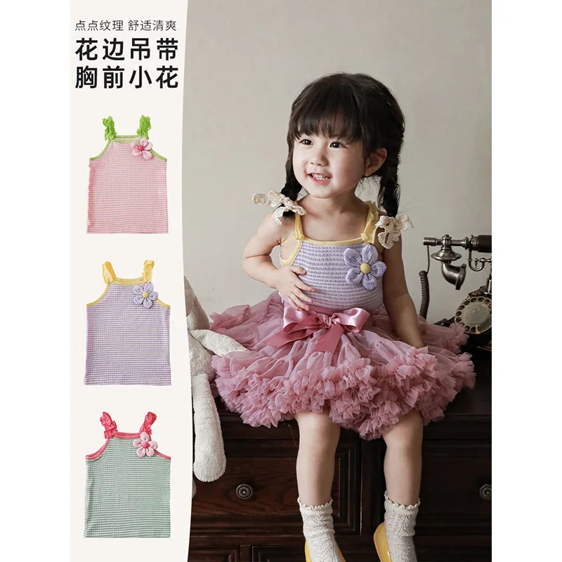 

Детский корейский кружевной маленький топ с цветами, летняя новинка, тонкий милый жилет для девочек