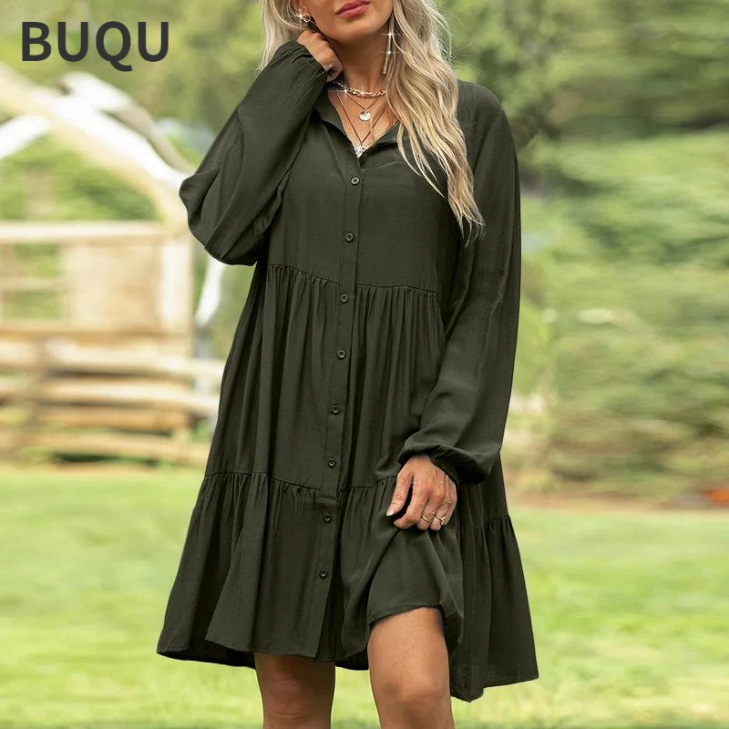 

dresses for women 2022 Fashion Women Sundress Autumn Elegant Casual Buttons Down Ruffles Party Dress Lapel Neck Long Sleeve Soli