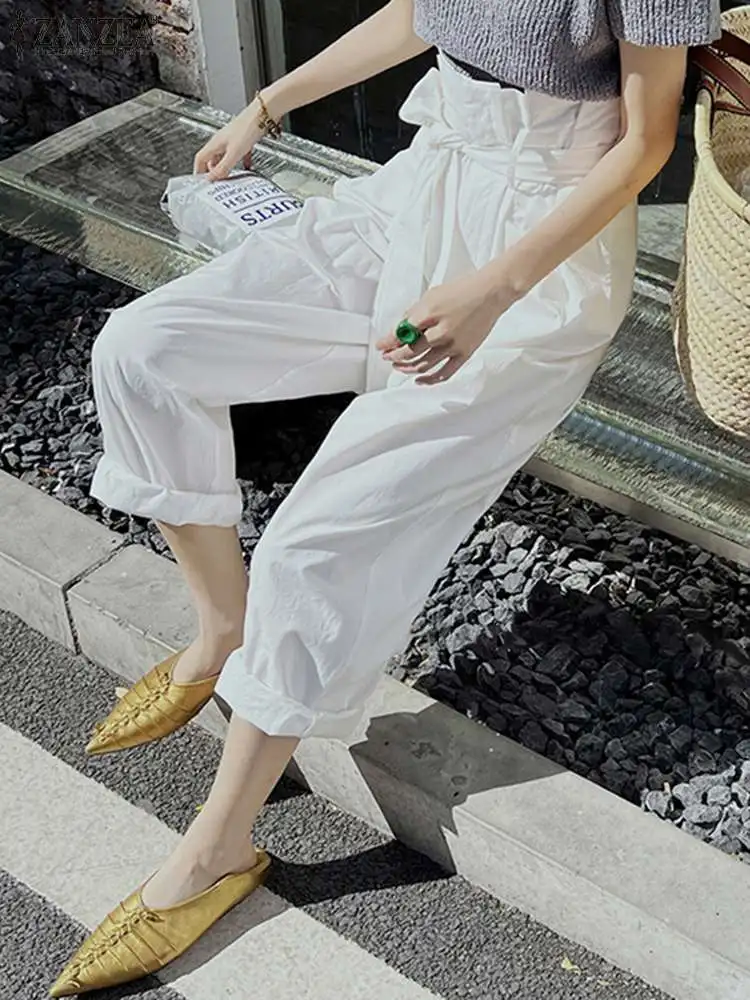 

Casual High Waist Ruffle Pantalones Office Baagy Maxi Palazzo 2022 ZANZEA Elegant Solid Long Trouser Women Summer Wide Leg Pants