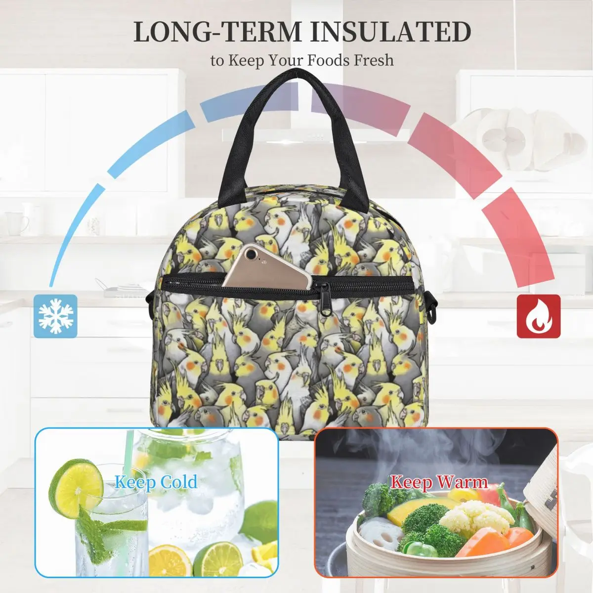 

Cockatiels Parrot Lunch Bag with Handle Bird Meme Print Food Cooler Bag Elegant Clutch Work Thermal Bag