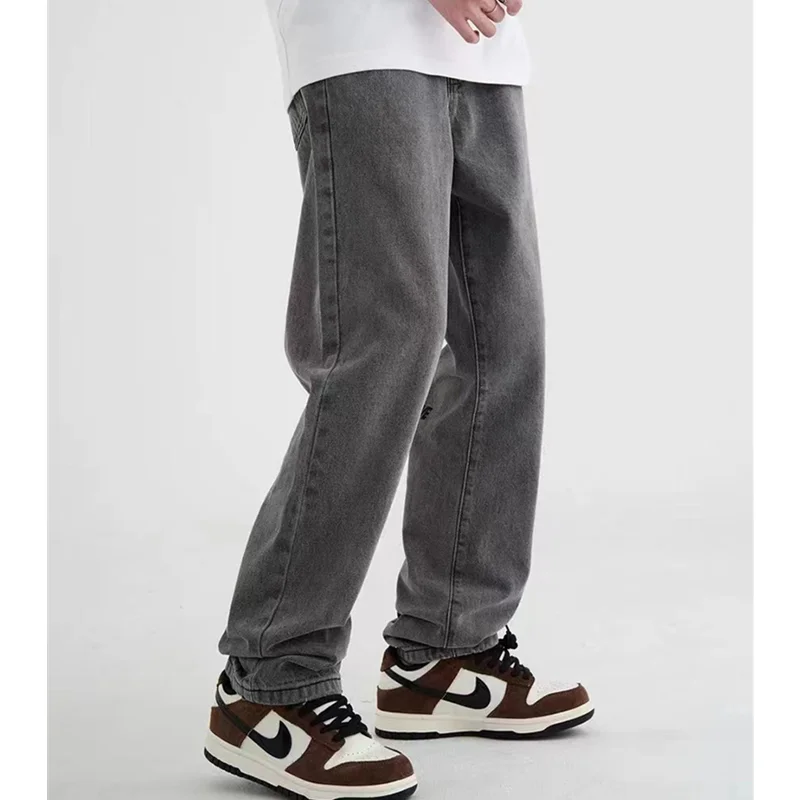 Streetwear Men 2022 Fashion New Pattern Vintage Recreational Grey Jeans Loose Straight Cylinder Broad Leg Trousers Autumn Female