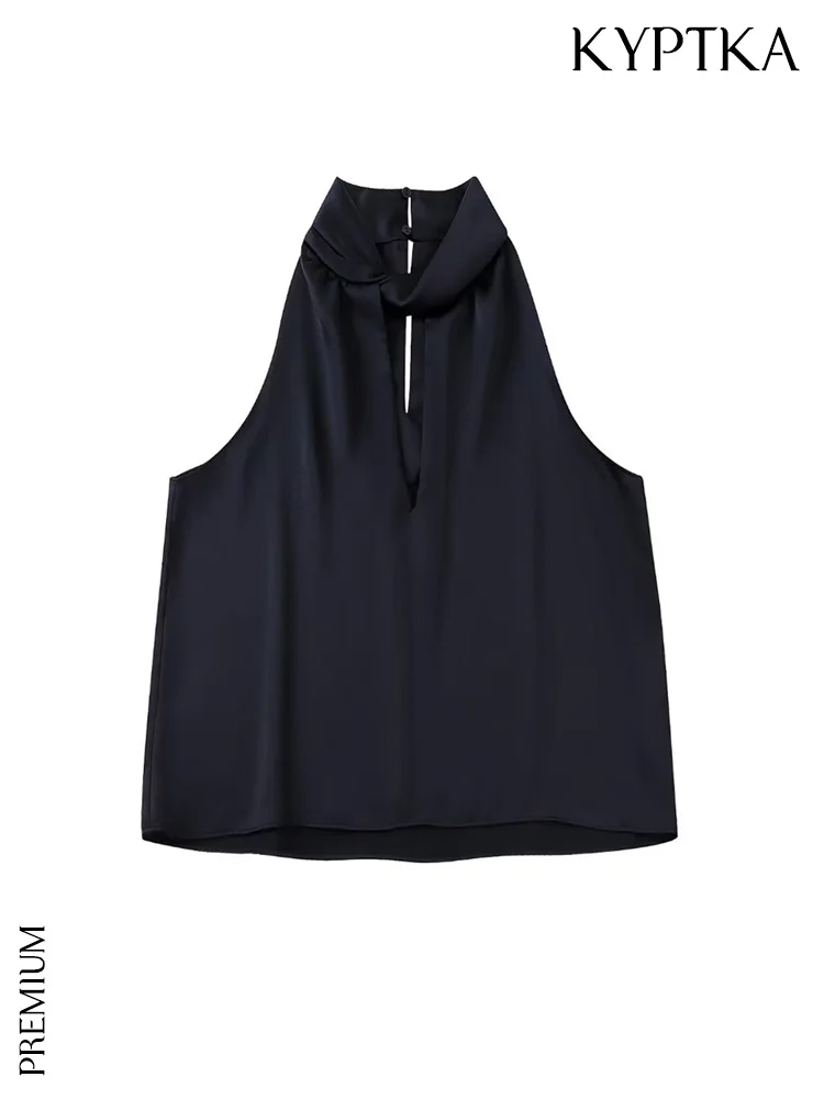 

Женская атласная блузка с узлом спереди KYPTKA, винтажная блузка без рукавов с воротником-халтер, шикарные топы
