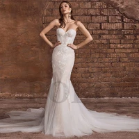 luxury mermaid wedding dress strapless exquisite appliques beading sleeveless tulle vintage gown robe de mariee 2022 women