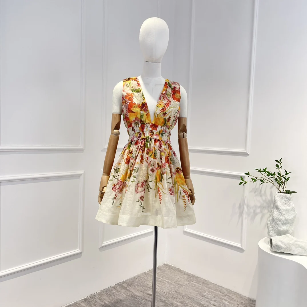 

Женское ТРАПЕЦИЕВИДНОЕ мини-платье с цветочным принтом, V-образным вырезом и поясом на резинке