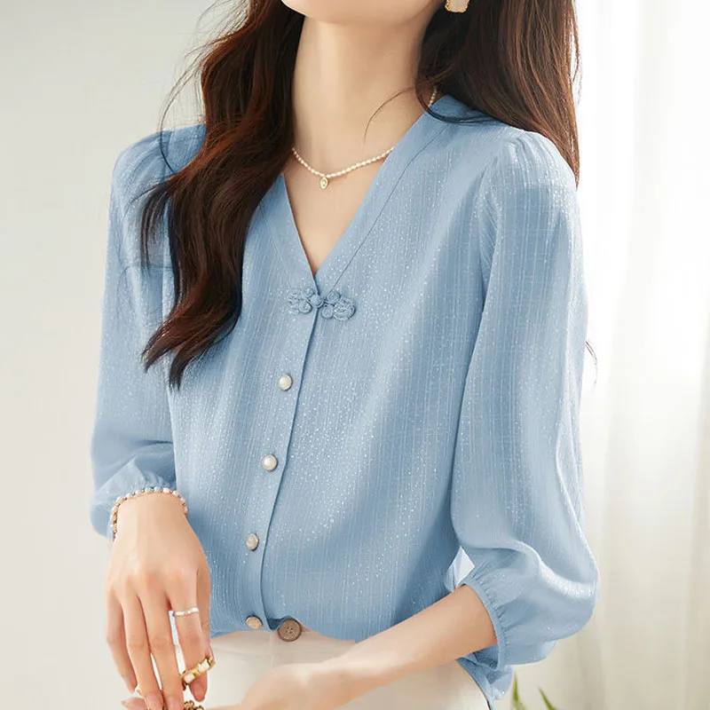 Women Fashion Elegant Solid Chiffon Shirt Summer Ladies Sweet 3/4 Sleeve V-neck Blouse Female Clothes Simple All-match Top