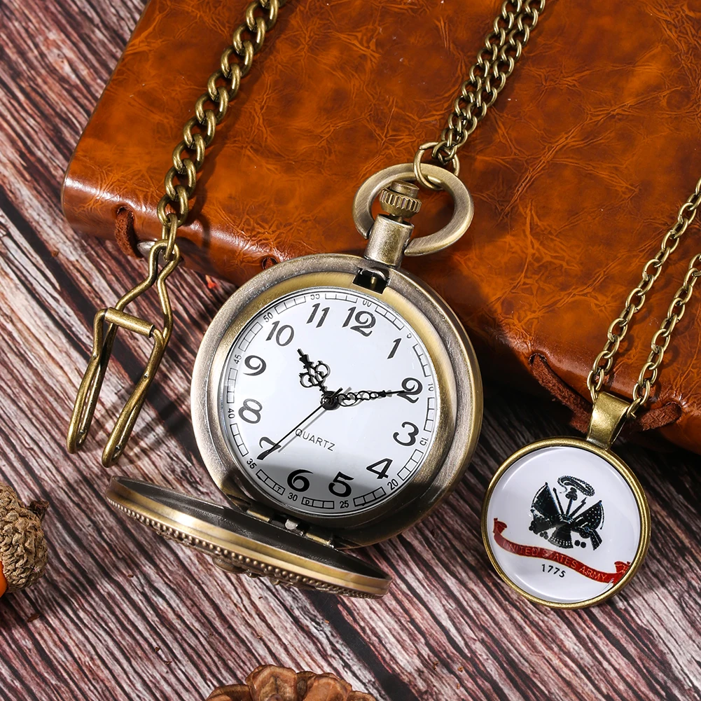 Vintage Bronze Quartz Pocket Watch US Army Commemorative Collection Gift Set Men's Pendant Necklace Pocket Watch Fob Chain