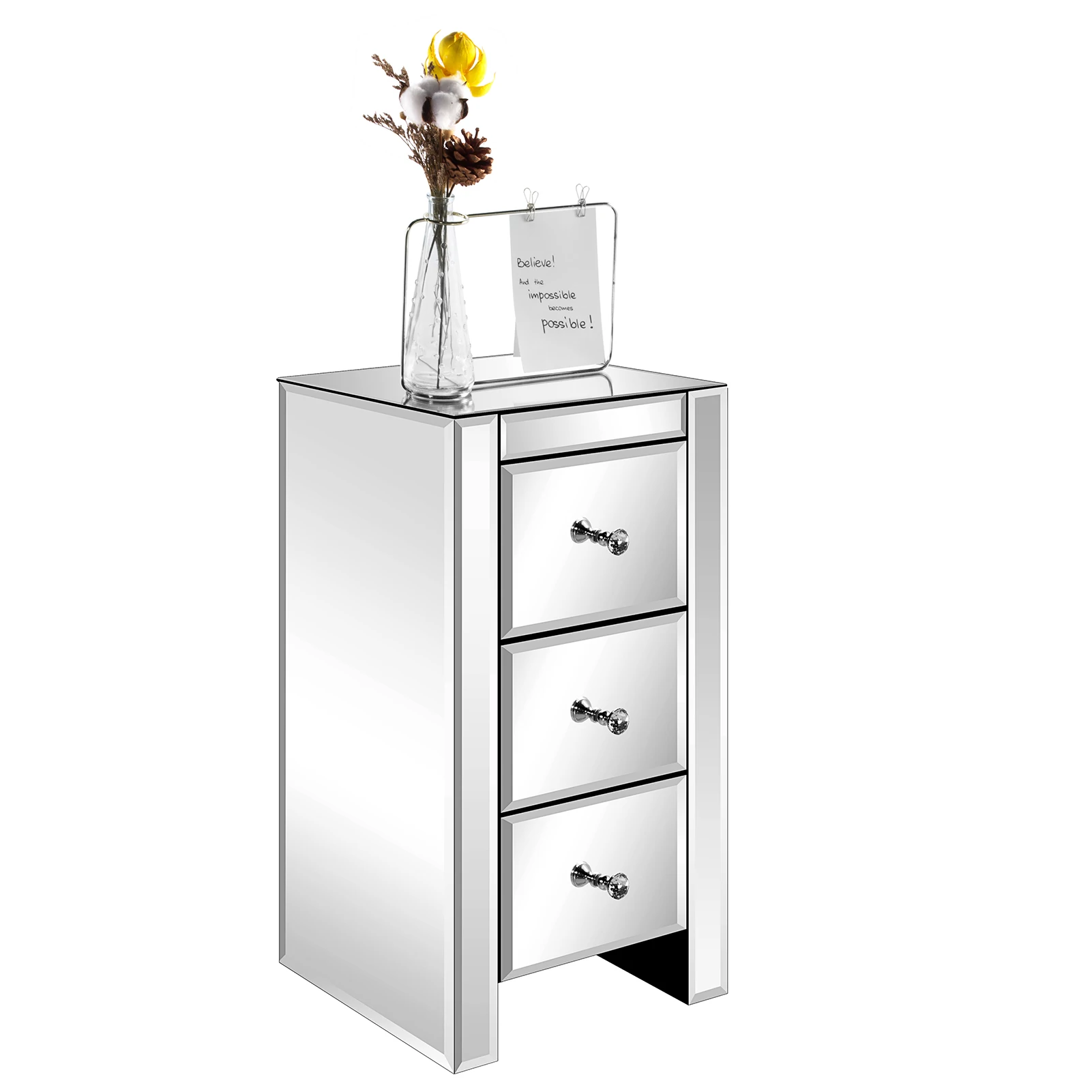 

Mirrored Glass Bedside Table Nightstand with 3 Drawers 30x30x60CM Eco-Friendly and Durable Easy to Install[US-Stock]