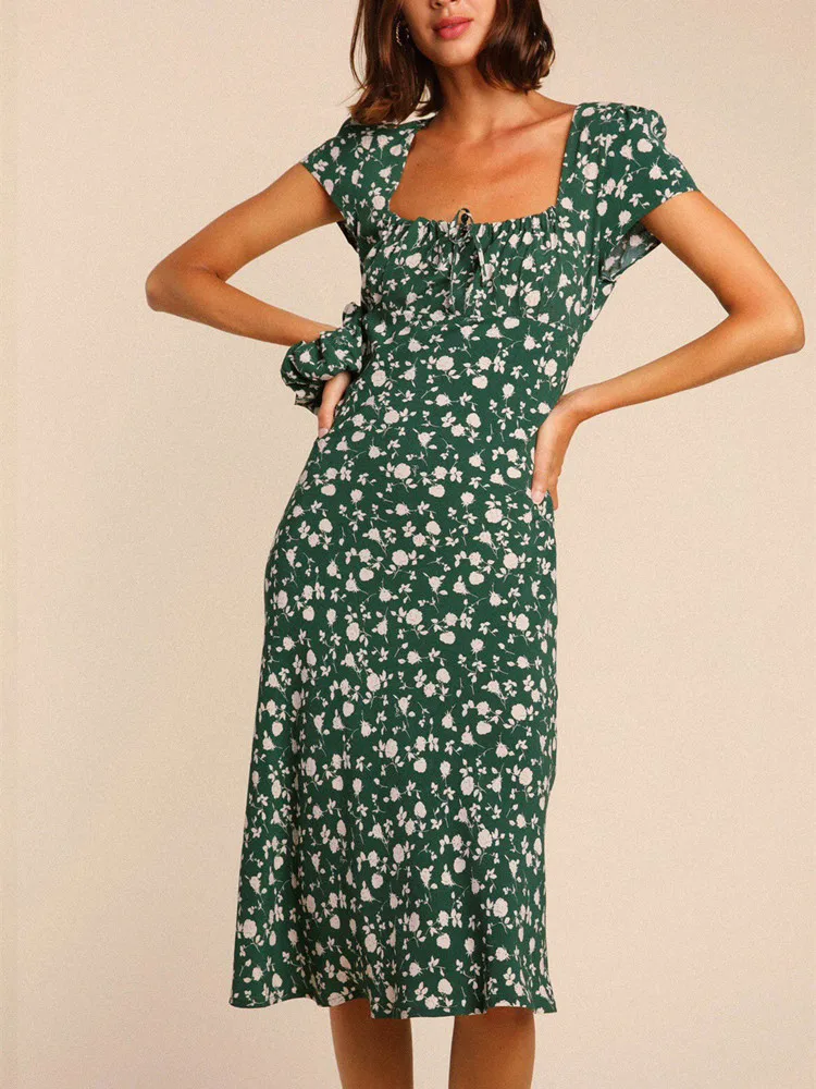 Women Short Sleeve 100% Viscose Mid-Length Dress 2023 Summer New Casual Square Collar A-Line Female Green Print Long Robe