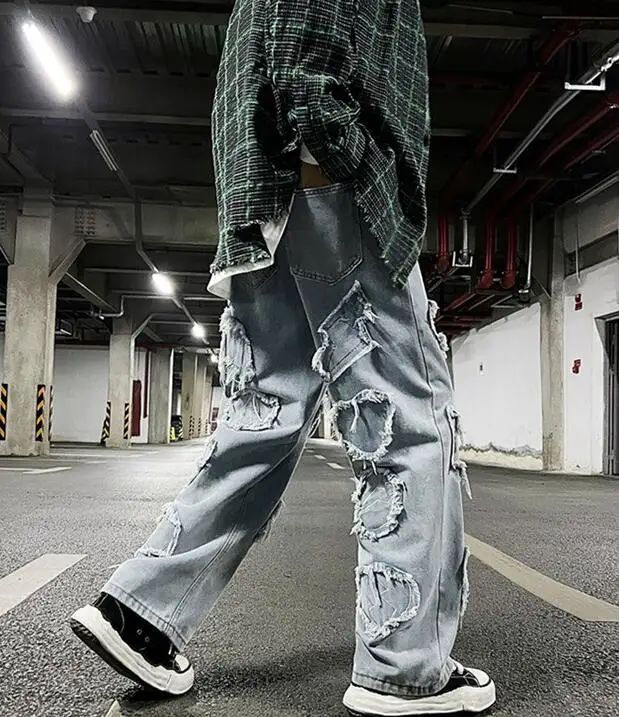 Men's Jeans Retro Big Hole Jeans Men's Loose Big Pocket Straight Pants