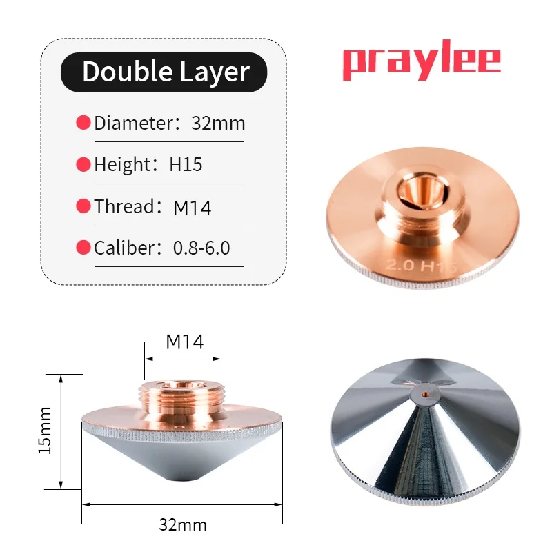 

Насадка для лазерной резки Praylee Raytools D28 M11 D32 M14, одинарные двойные хромированные насадки 1,5 2,0 2,5 для Raytools BT240S BM110 BM109