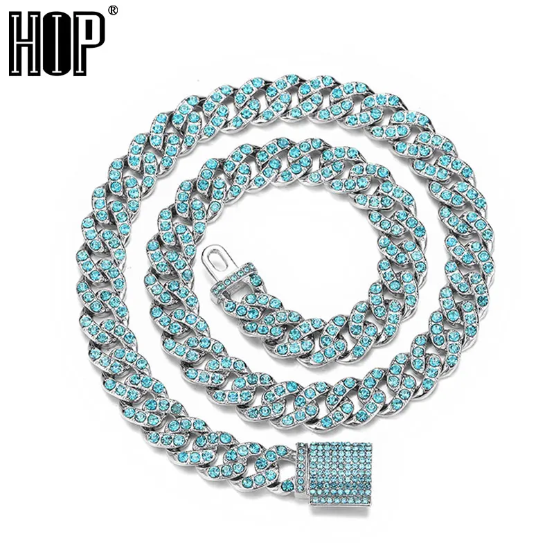 

11MM Cuban Link Chain 1Row Iced Out Blue Rhinestones Bling Rapper Necklaces Bracelets For Men Women Choker Jewelry