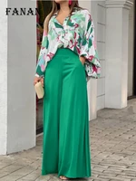 casual loose pant suit for women printed long sleeve shirt blouse and wide leg pants outfits autumn fashion two piece sets green