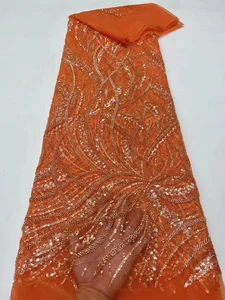 Orange African Luxury Sequins Lace Fabrics Latest Beaded Groom Embroidery French Mesh Lace Fabrics Material For Party Wedding