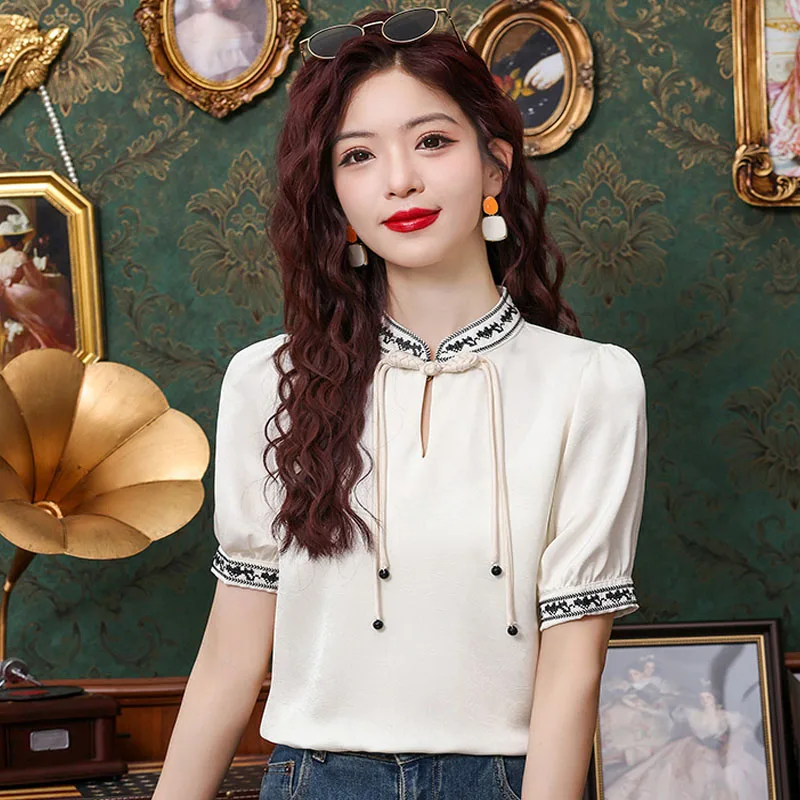 Модная женская блузка с коротким рукавом и воротником-стойкой шифоновая