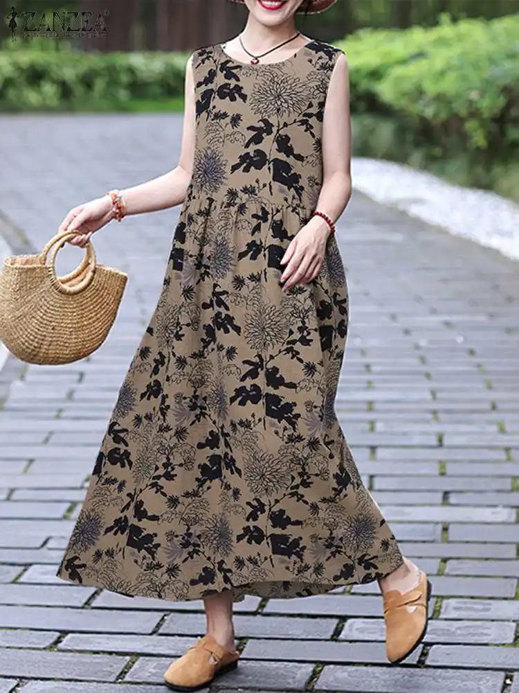 

Bohemian Vintage Printed Dresses ZANZEA Women Summer Long Dress Causal O Neck Sleeveless Maxi Sundress Oversize Robe Vestidos
